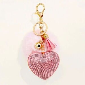 NEW Fashion Rhinestone Heart Puff Ball with Ball and Tassle Bag Keychain